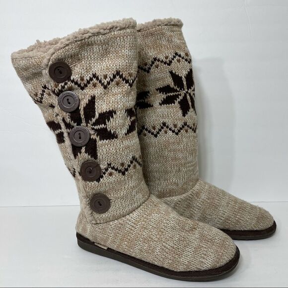Muk Luks Tan Nordic Print Knit Sock Sweater Boots - Picture 8 of 13